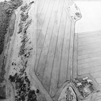 Oblique aerial view centred on the cropmarks of the forts and the remains of the towerhouse, taken from the WSW.
