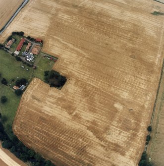 Oblique aerial view centred on the burial-ground, watermill, farmhouse, farmsteading and school, and the cropmarks of the nunnery, taken from the SE.