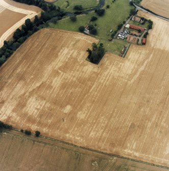 Oblique aerial view centred on the burial-ground, watermill, farmhouse, farmsteading and school, and the cropmarks of the nunnery, taken from the NE.