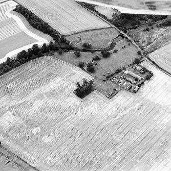 Oblique aerial view centred on the burial-ground, watermill, farmhouse, farmsteading and school, and the cropmarks of the nunnery, taken from the NE.