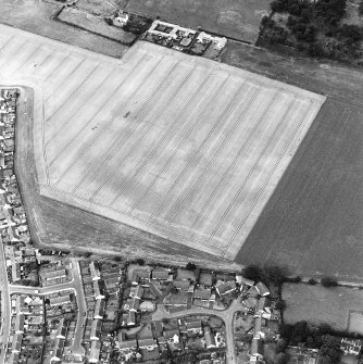Oblique aerial view centred on the cropmarks of the linear cropmarks and cursus, taken from the SE.