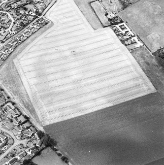 Oblique aerial view centred on the cropmarks of the linear cropmarks and cursus, taken from the E.
