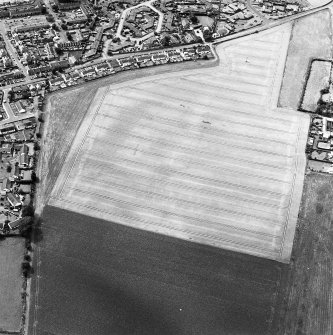 Oblique aerial view centred on the cropmarks of the linear cropmarks and cursus, taken from the NE.