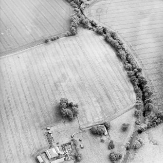 Oblique aerial view centred on the cropmarks of the nunnery with the burial-ground and the watermill and kiln adjacent, taken from the W.