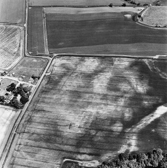 Preston Mains, oblique aerial view, taken from the SW, centred on the cropmarks of a possible cursus monument and enclosure. A linear cropmark is visible in the bottom left-hand corner of the photograph.