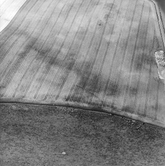 Oblique aerial view of Garvald centred on the cropmark of an enclosure, with a subcircular cropmark adjacent.  Taken from the ESE.