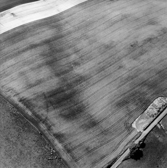 Oblique aerial view of Garvald centred on the cropmark of an enclosure, with a subcircular cropmark adjacent.  Taken from the NE.