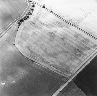 Aerial view of Preston Mains, taken from the N, centred on the arc of a cropmark and ring ditches.