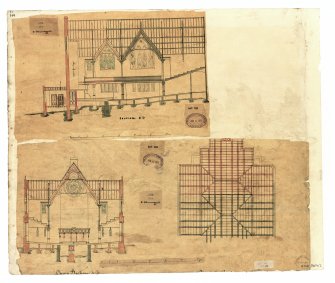 Photographic copy of proposed Additions.
Recto, Sections, Roof joists plan.
Verso, East Elevation.