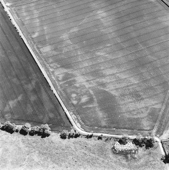 Aerial view of Doon Hill, taken from the W, centred on a cropmark of a rectilinear enclosure.  A cropmark of a possible palisaded enclosure, situated to the N, is visible in the left-hand corner of the photograph.