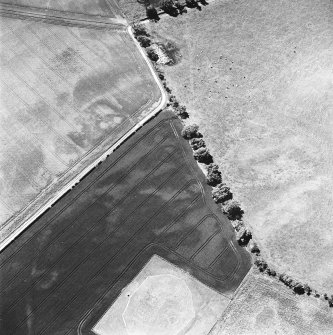 Aerial view of Doon Hill, taken from the NE, centred on a cropmark of a possible palisaded enclosure.  A cropmark of a rectilinear enclosure, situated to the S, is visible in the centre left of the photograph.  A timber hall encloure, situated to the N, is visible in the bottom centre of the photograph.