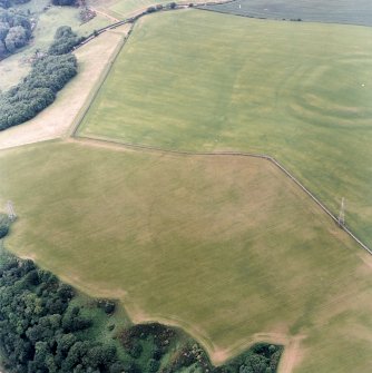 Oblique aerial view centred on the cropmarks of the field boundaries and cropmarks with fort adjacent, taken from the SSW.