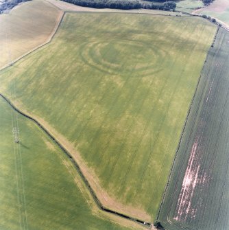 Oblique aerial view centred on the cropmarks of the fort, field boundaries and cropmarks, taken from the ESE.
