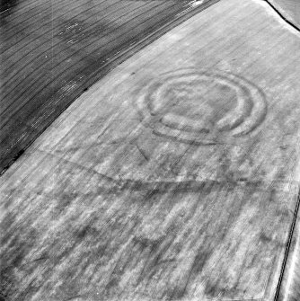 Oblique aerial view centred on the cropmarks of the fort with field boundaries and  cropmarks adjacent, taken from the W.