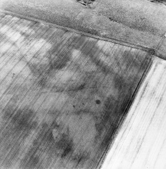 Oblique aerial view centred on the cropmarks of the linear cropmarks, pits and possible roundhouse, taken from the SE.