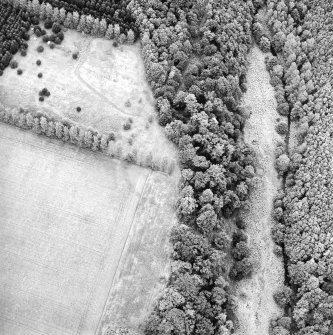 Oblique aerial view of Whittingehame Castle centred on the cropmarks of a fort, taken from the SSW.
