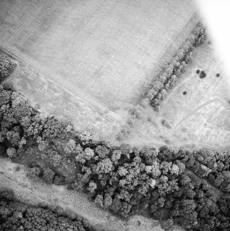Oblique aerial view of Whittingehame Castle centred on the cropmarks of a fort, taken from the ESE.