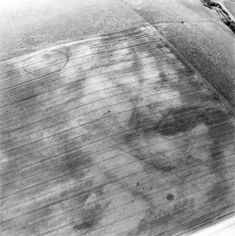 Oblique aerial view centred on the cropmarks of the possible settlement, linear cropmarks, pits and possible roundhouse, taken from the E.