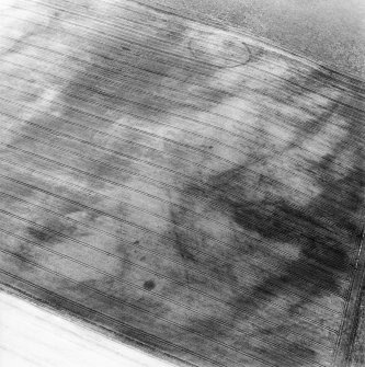 Oblique aerial view centred on the cropmarks of the possible settlement, linear cropmarks, pits and possible roundhouse, taken from the NE.