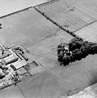 Oblique aerial view of Redden centred on the remains of a grange with a farmsteading adjacent, taken from the N