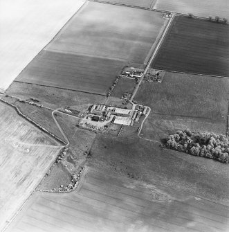 Oblique aerial view centred on the farmsteading with deserted medieval village and rig adjacent, taken from the NW