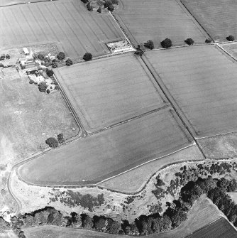 Oblique aerial view centred on the cropmarks with the farmhouse, steading and plantation adjacent, taken from the WSW