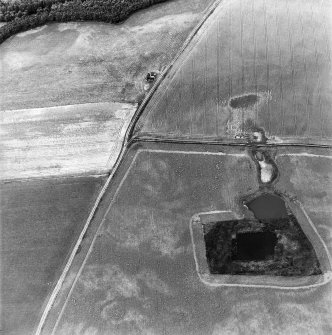 Oblique aerial view centred on the cropmarks of the settlement, taken from the SE.