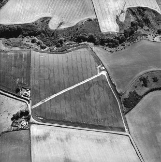 Oblique aerial view centred on the cropmarks of the settlement and possible enclosure, taken from the NNE.