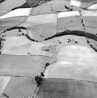 Oblique aerial view centred on the remains of the motte-and-bailey castle with the remains of the country house adjacent, taken from the NE.