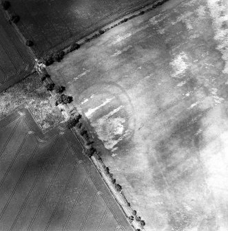 Oblique aerial view of East Reston Mill centred on the cropmarks of a settlement, taken from the SE.