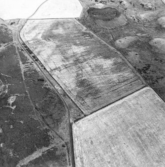 Oblique aerial view centred on the cropmarks of the trackway and linear cropmarks with the remains of the linear earthwork adjacent, taken from the W.