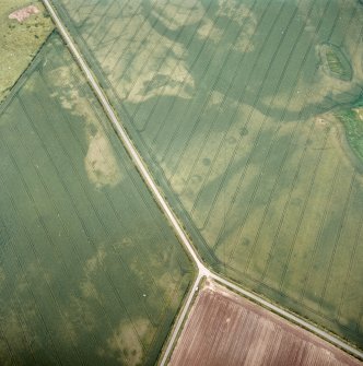 Oblique aerial view centred on the cropmarks of the enclosure and unenclosed settlement, taken from the SE.