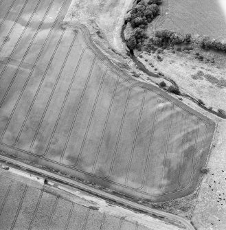 Oblique aerial view centred on the cropmarks of the unenclosed settlement and rig, taken from the SSE.