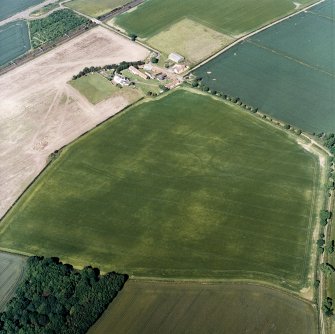 Oblique aerial view centred on the cropmarks of the settlement and field boundaries, with the farmhouse and farmsteading adjacent, taken from the SW.
