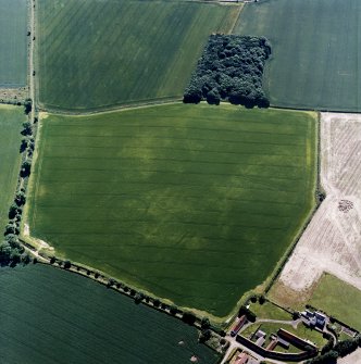 Oblique aerial view centred on the cropmarks of the settlement and field boundaries, with the farmhouse and farmsteading adjacent, taken from the NNE.