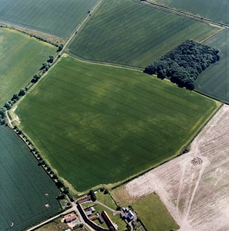 Oblique aerial view centred on the cropmarks of the settlement and field boundaries, with the farmhouse and farmsteading adjacent, taken from the N.