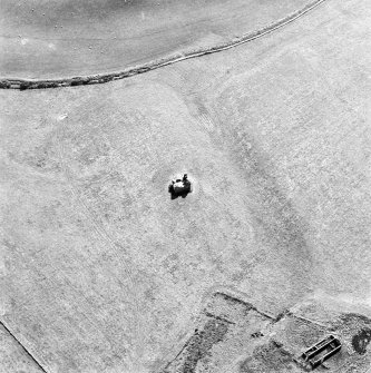 Oblique aerial view centred on the remains of the tower-house with the remains of the farmstead adjacent, taken from the N.
