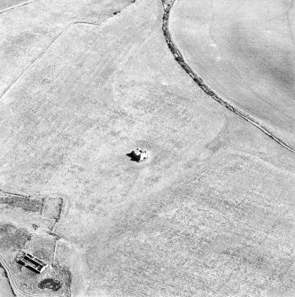 Oblique aerial view centred on the remains of the tower-house with the remains of the farmstead adjacent, taken from the W.
