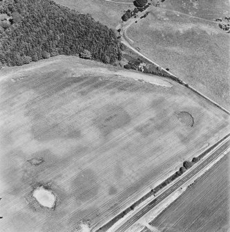 Drumflower, oblique aerial view, taken from the SW, showing the cropmarks of palisaded enclosures, a roman road and quarry pits, and a pit-defined structure and pit-alignment.