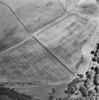 Oblique aerial view centred on the cropmarks of the Roman temporary camp with quarry pits adjacent, taken from the NNW.