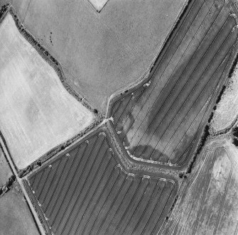 Oblique aerial photograph of Houdston Hill taken from the NNW, centred on the cropmarks of an enclosure and pits.