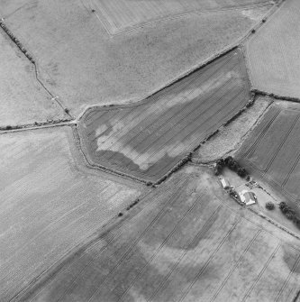 Oblique aerial view centred on the cropmarks of the enclosure and pits, taken from the NE.