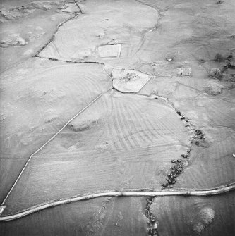 Oblique aerial view centred on the remains of the church, burial ground, homestead moat, building and enclosure with rig adjacent, taken from the NNW.