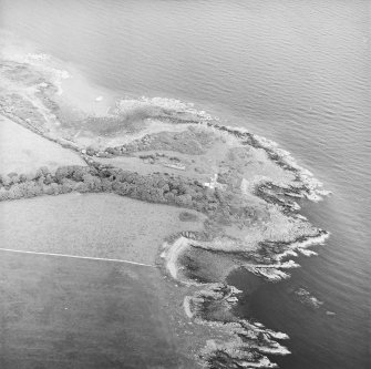 Oblique aerial view centred on the remains of the buildings and promontory fort, taken from the SSE.