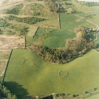 Oblique aerial view centred on the remains of the homesteads, taken from the S.