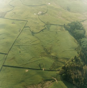 Oblique aerial view centred on the remains of the farmstead, field-system and rig with possible homestead, farmstead, field-system and rig adjacent, taken from the E.