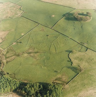 Oblique aerial view centred on the remains of the farmstead, field-system and rig with possible homestead, fort and rig adjacent, taken from the NNW.