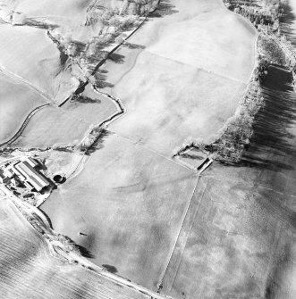 Oblique aerial view centred on the remains of the homestead moat, taken from the SE.