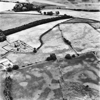 Holywood Abbey and Dalawoodie, oblique aerial view, taken from the SW, centred on the cropmarks SE of the Abbey, showing a rectilinear enclosure and linear cropmarks.