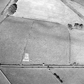 Oblique aerial view of The Twelve Apostles centred on the excavation of the stone circle, taken from the SW.